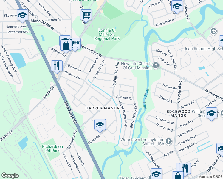 map of restaurants, bars, coffee shops, grocery stores, and more near 5027 Dostie Drive East in Jacksonville
