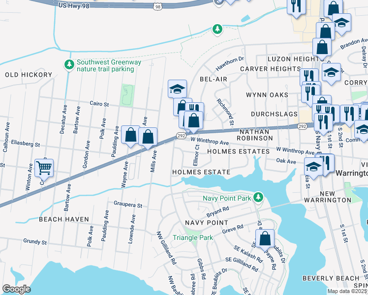 map of restaurants, bars, coffee shops, grocery stores, and more near 4 Ellis Drive in Pensacola