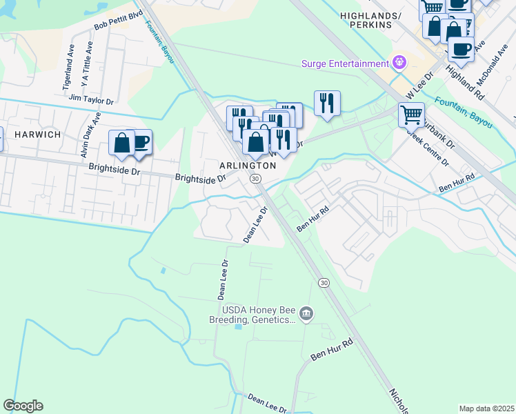 map of restaurants, bars, coffee shops, grocery stores, and more near 906 Dean Lee Drive in Baton Rouge