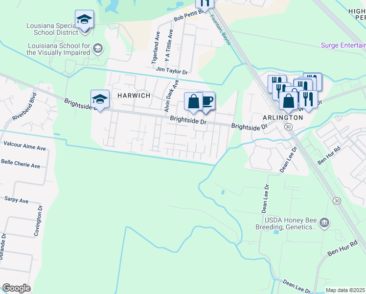 map of restaurants, bars, coffee shops, grocery stores, and more near 1943 South Brightside View Drive in Baton Rouge