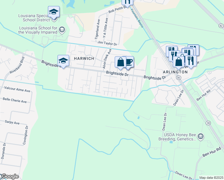 map of restaurants, bars, coffee shops, grocery stores, and more near 1943 South Brightside View Drive in Baton Rouge