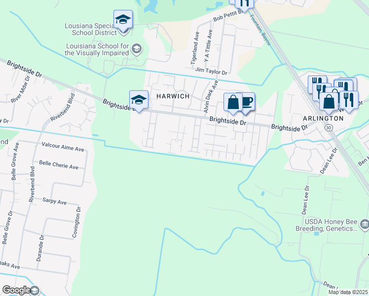 map of restaurants, bars, coffee shops, grocery stores, and more near 2181 Plantation Lane in Baton Rouge