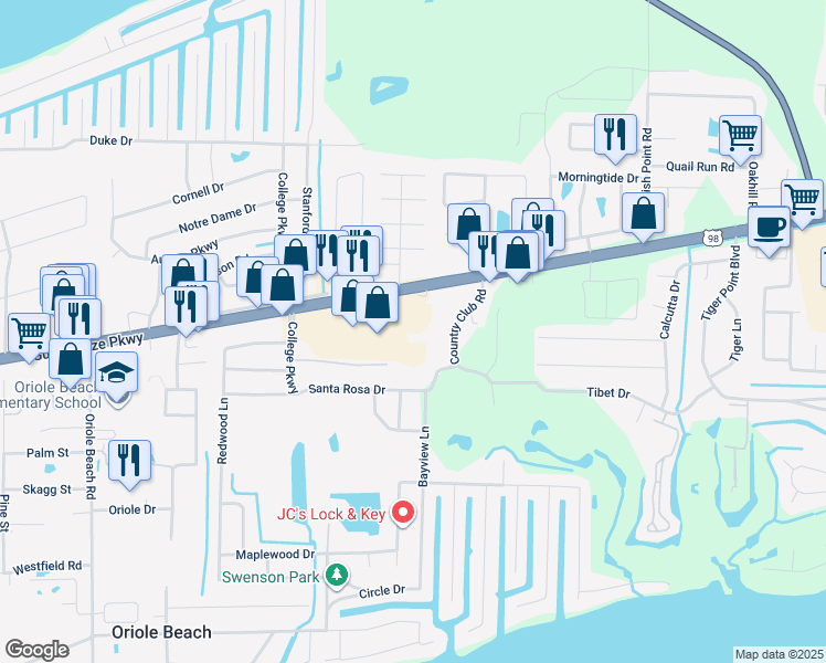 map of restaurants, bars, coffee shops, grocery stores, and more near 3387 Gulf Breeze Parkway in Gulf Breeze