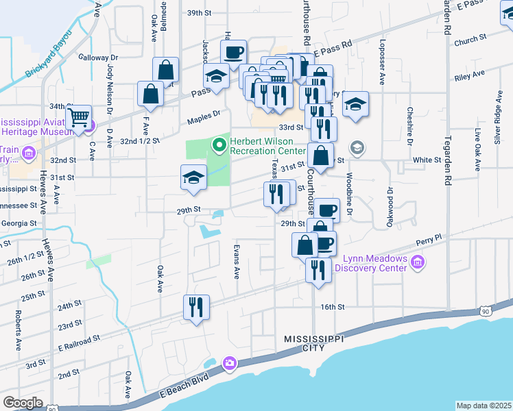 map of restaurants, bars, coffee shops, grocery stores, and more near 39 30th Street in Gulfport