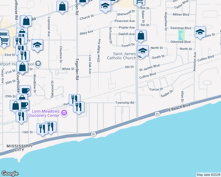 map of restaurants, bars, coffee shops, grocery stores, and more near 23 Milray Lane in Gulfport