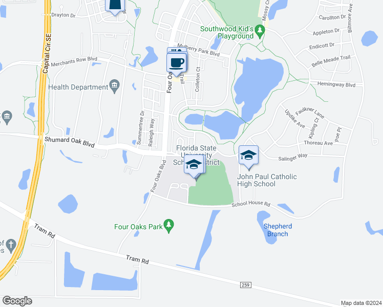 map of restaurants, bars, coffee shops, grocery stores, and more near 4000 Shumard Oak Boulevard in Tallahassee