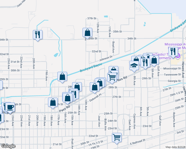 map of restaurants, bars, coffee shops, grocery stores, and more near 3000 Brookwood Avenue in Gulfport