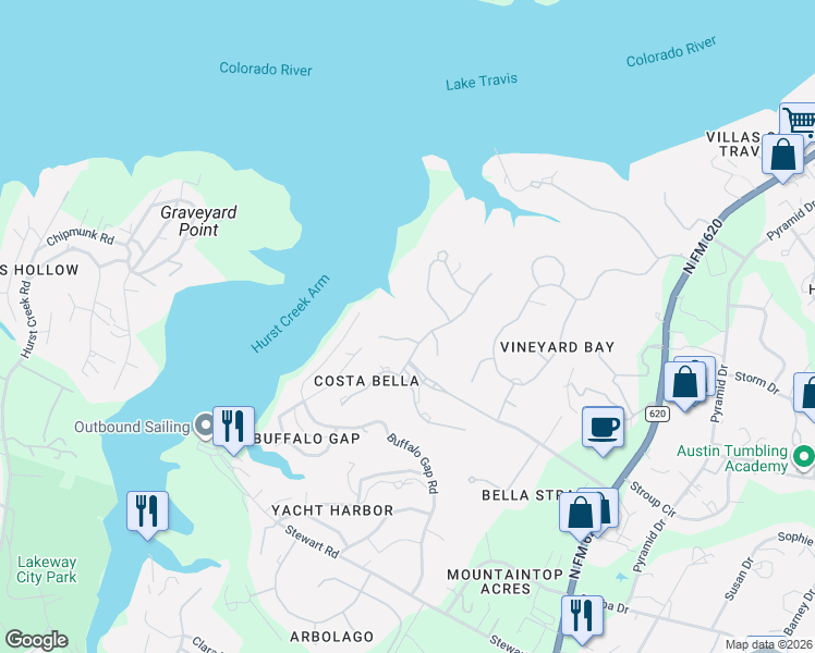 map of restaurants, bars, coffee shops, grocery stores, and more near 204 Bella Vista Cove in Austin