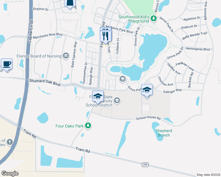 map of restaurants, bars, coffee shops, grocery stores, and more near 3000 School House Road in Tallahassee