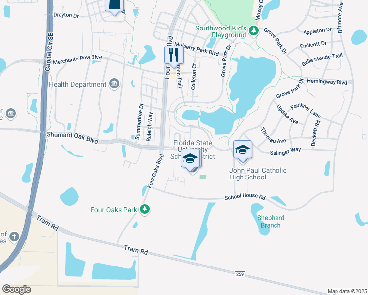 map of restaurants, bars, coffee shops, grocery stores, and more near 3988 Shumard Oak Boulevard in Tallahassee