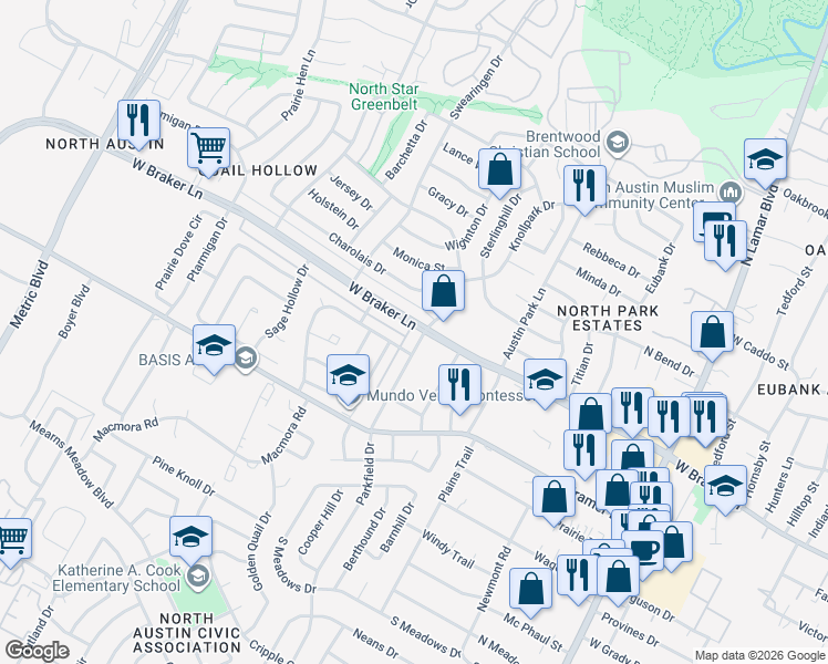 map of restaurants, bars, coffee shops, grocery stores, and more near 11208 Parkfield Drive in Austin