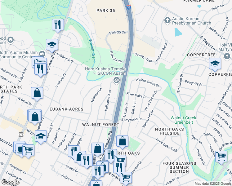 map of restaurants, bars, coffee shops, grocery stores, and more near 11928 South Interstate 35 Frontage Road in Austin