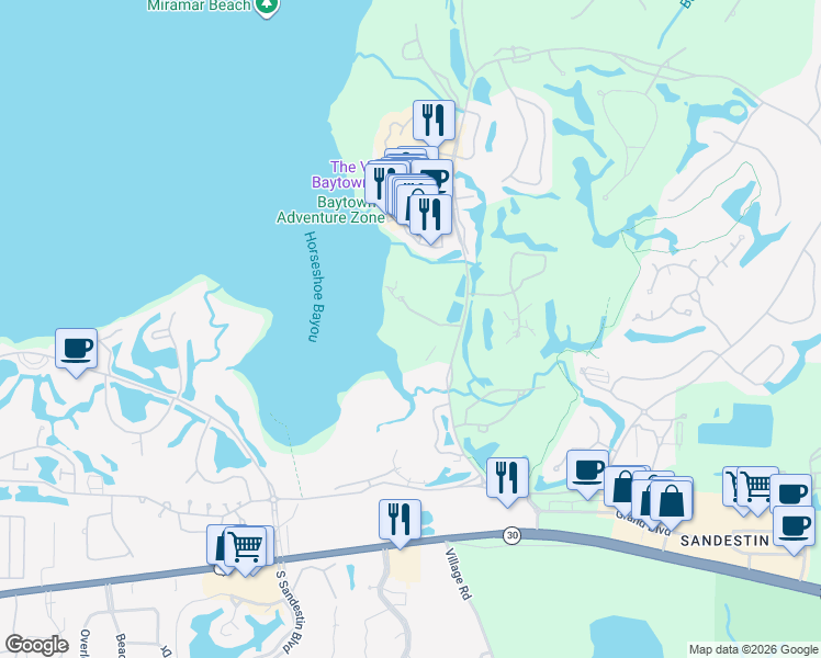 map of restaurants, bars, coffee shops, grocery stores, and more near 8714 Anchorage Drive in Destin
