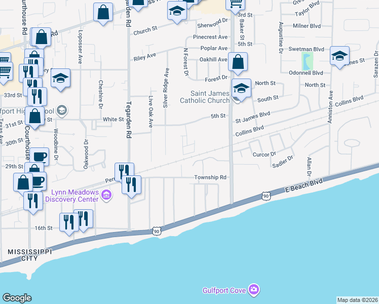 map of restaurants, bars, coffee shops, grocery stores, and more near 23 Milray Lane in Gulfport