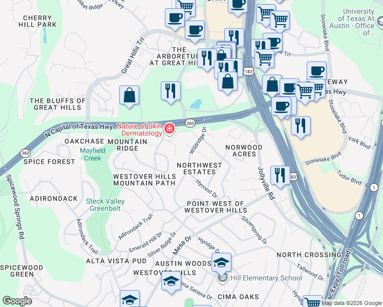 map of restaurants, bars, coffee shops, grocery stores, and more near 4202 Greenridge Place in Austin