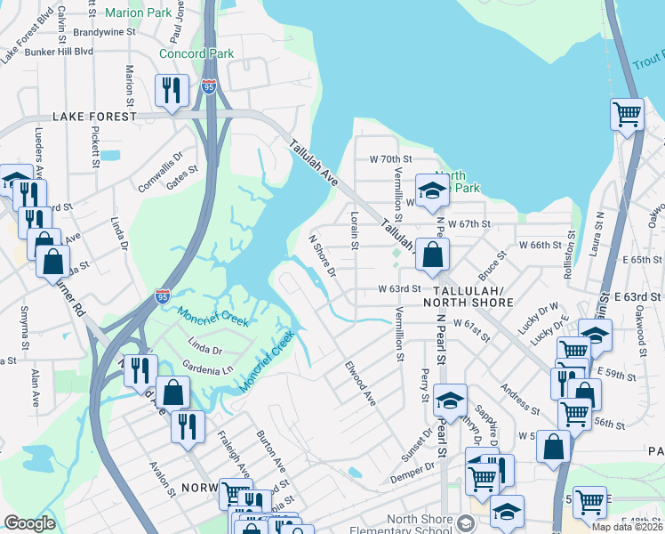 map of restaurants, bars, coffee shops, grocery stores, and more near 7317 North Shore Drive in Jacksonville