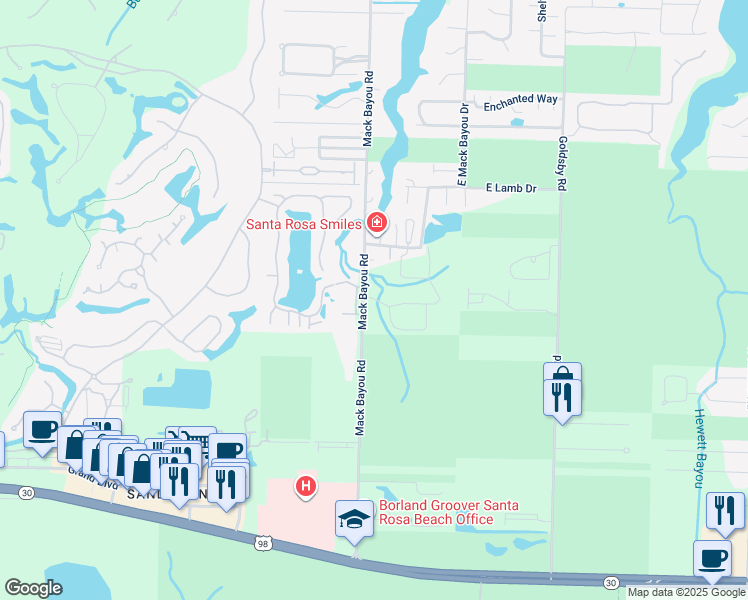 map of restaurants, bars, coffee shops, grocery stores, and more near 616 Mack Bayou Road in Santa Rosa Beach