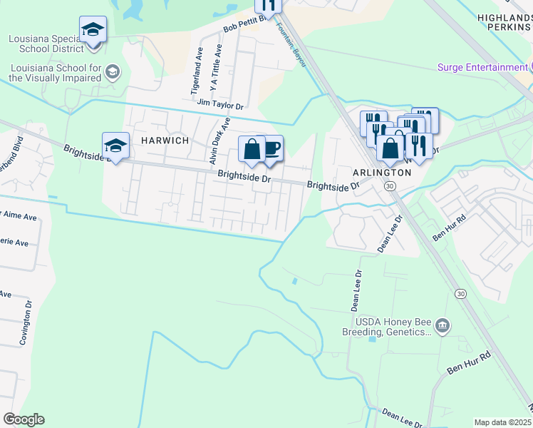 map of restaurants, bars, coffee shops, grocery stores, and more near 1707 South Brightside View Drive in Baton Rouge
