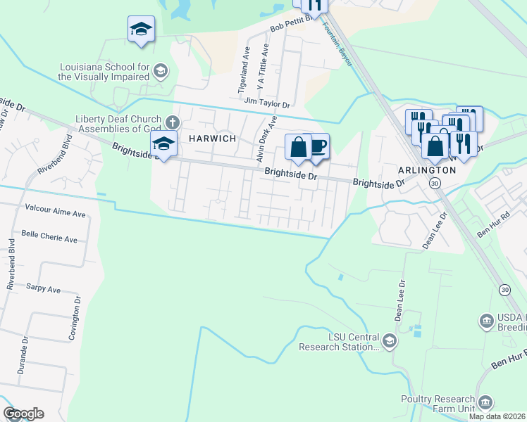 map of restaurants, bars, coffee shops, grocery stores, and more near 2041 South Brightside View Drive in Baton Rouge
