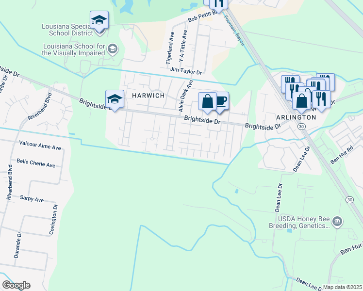 map of restaurants, bars, coffee shops, grocery stores, and more near 2041 South Brightside View Drive in Baton Rouge