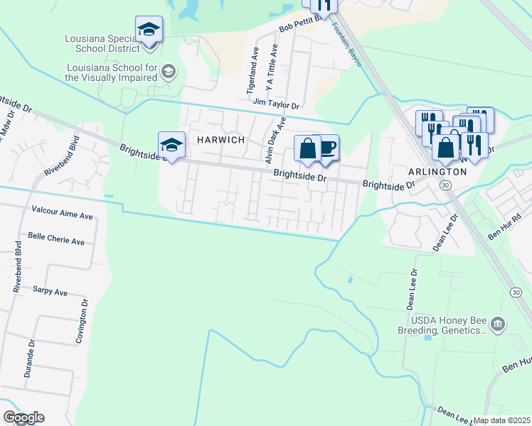map of restaurants, bars, coffee shops, grocery stores, and more near 2041 South Brightside View Drive in Baton Rouge