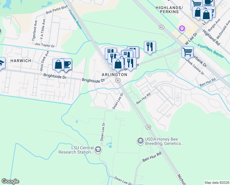 map of restaurants, bars, coffee shops, grocery stores, and more near 906 Dean Lee Drive in Baton Rouge
