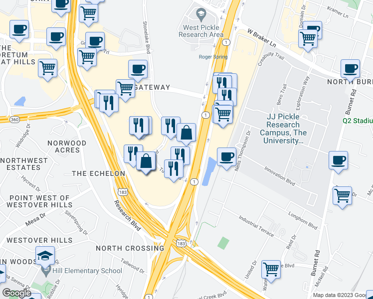 map of restaurants, bars, coffee shops, grocery stores, and more near 9606 North Mopac Expressway in Austin