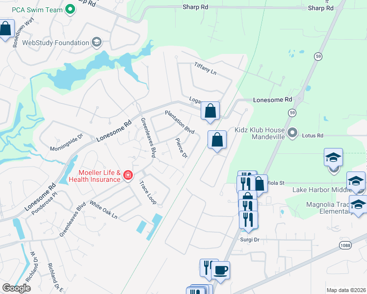 map of restaurants, bars, coffee shops, grocery stores, and more near 665 Pierce Drive in Mandeville