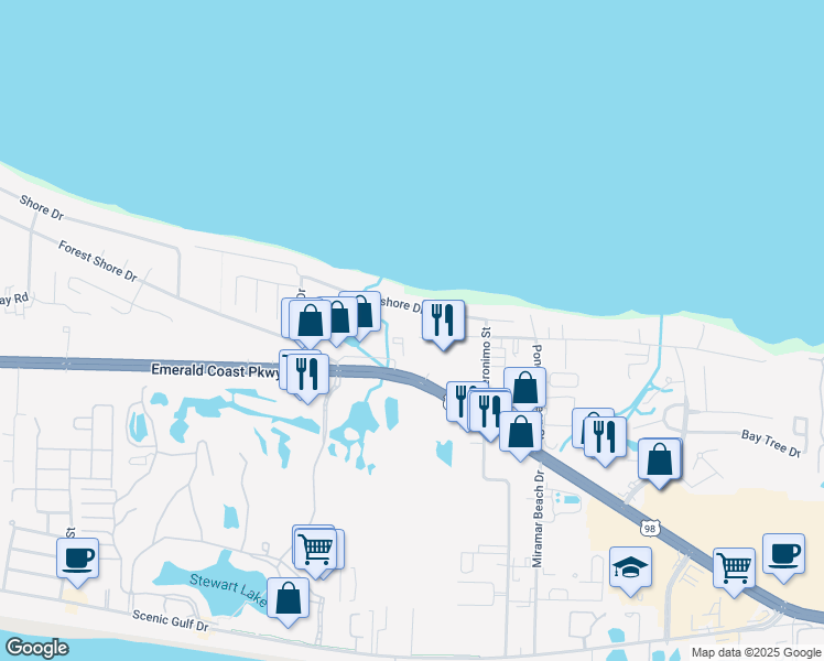 map of restaurants, bars, coffee shops, grocery stores, and more near 11490 U.S. 98 in Miramar Beach