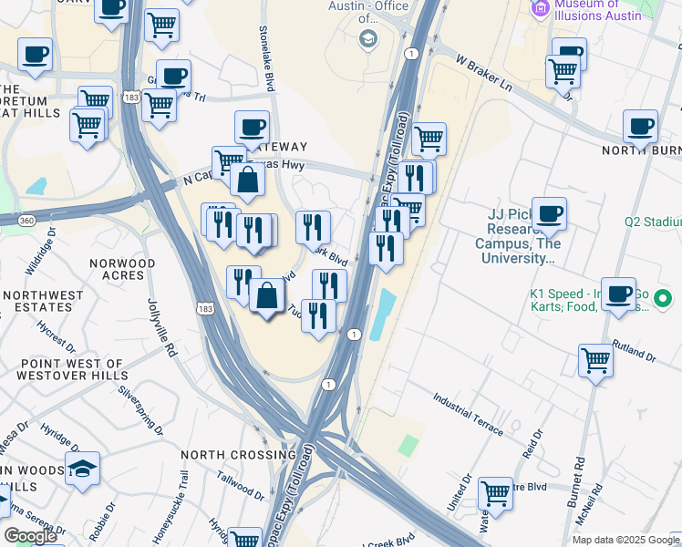 map of restaurants, bars, coffee shops, grocery stores, and more near 9606 North Mopac Expressway in Austin
