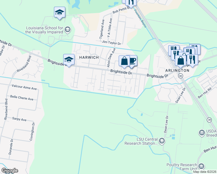 map of restaurants, bars, coffee shops, grocery stores, and more near 2041 South Brightside View Drive in Baton Rouge