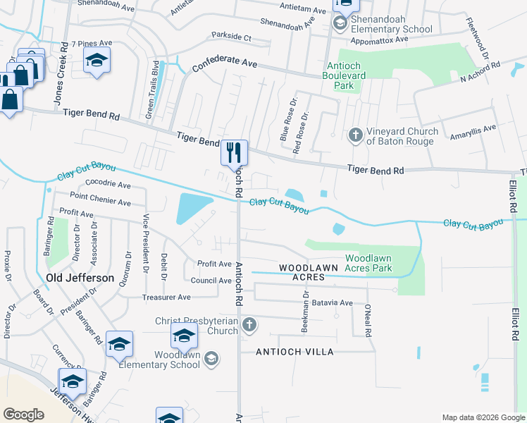 map of restaurants, bars, coffee shops, grocery stores, and more near 7233 Antioch Road in Baton Rouge