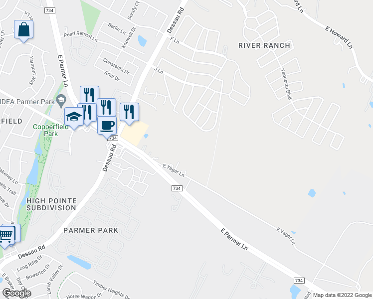 map of restaurants, bars, coffee shops, grocery stores, and more near 2008 East Yager Lane in Austin