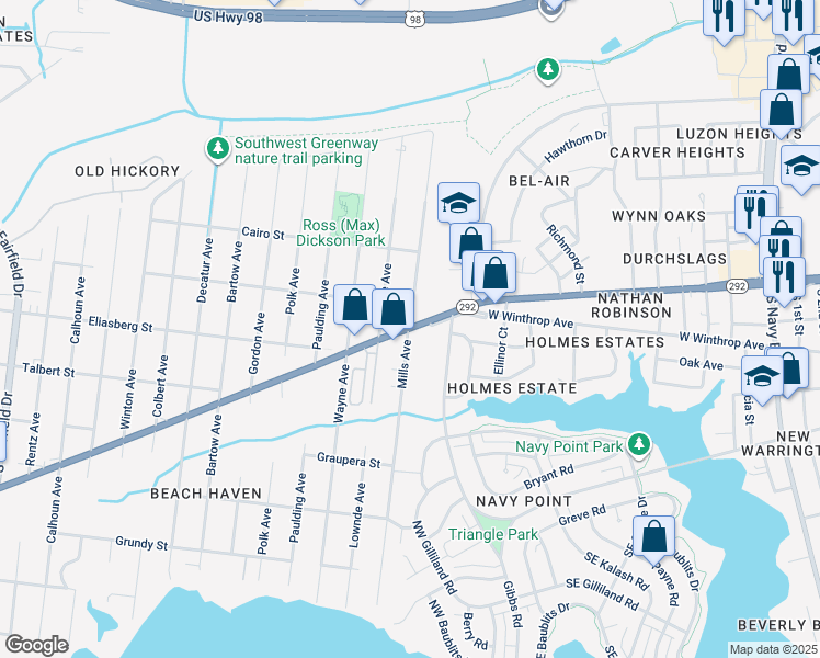 map of restaurants, bars, coffee shops, grocery stores, and more near Gulf Beach Hwy & Mills Ave in Warrington