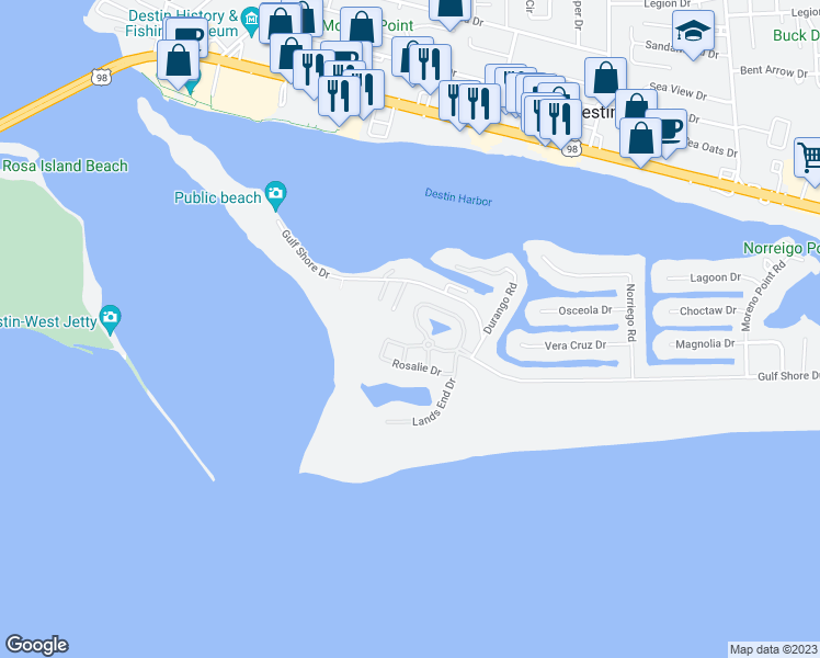 map of restaurants, bars, coffee shops, grocery stores, and more near 3584 Melrose Avenue in Destin