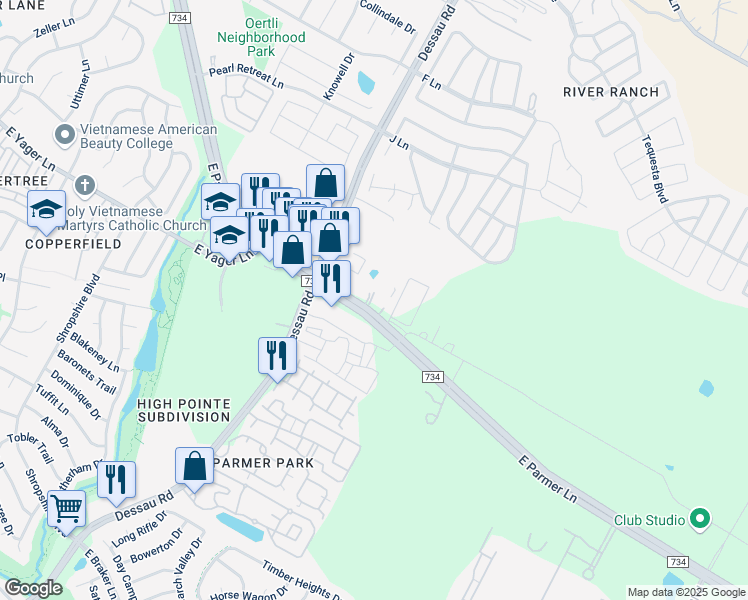 map of restaurants, bars, coffee shops, grocery stores, and more near 1800 East Parmer Lane in Austin