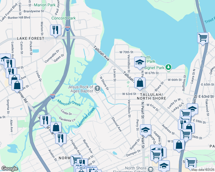 map of restaurants, bars, coffee shops, grocery stores, and more near 7317 North Shore Drive in Jacksonville