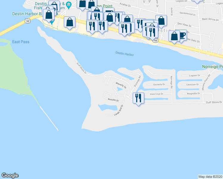 map of restaurants, bars, coffee shops, grocery stores, and more near 3584 Melrose Avenue in Destin