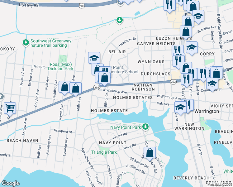 map of restaurants, bars, coffee shops, grocery stores, and more near 106 Ellis Drive in Pensacola