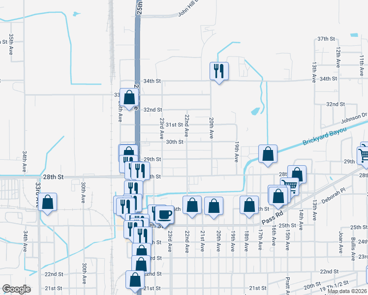 map of restaurants, bars, coffee shops, grocery stores, and more near 2212 29th St in Gulfport