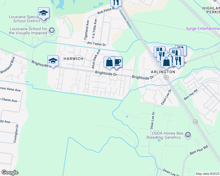 map of restaurants, bars, coffee shops, grocery stores, and more near 1707 South Brightside View Drive in Baton Rouge