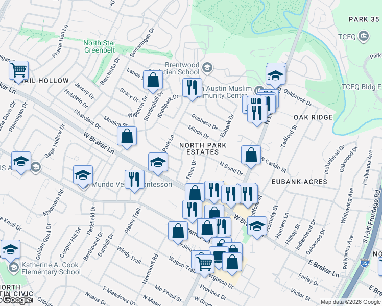 map of restaurants, bars, coffee shops, grocery stores, and more near 11501 Titian Drive in Austin