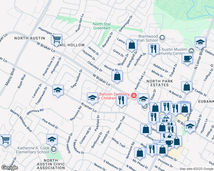 map of restaurants, bars, coffee shops, grocery stores, and more near 11208 Parkfield Drive in Austin