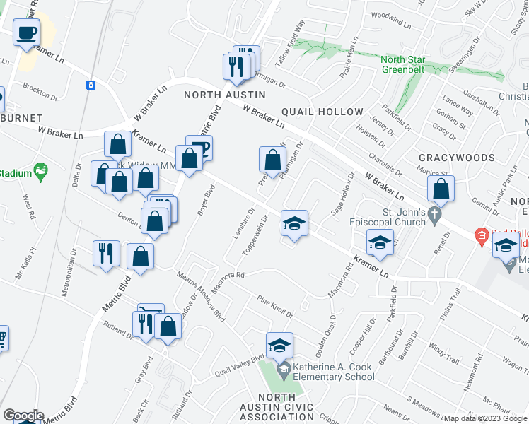 map of restaurants, bars, coffee shops, grocery stores, and more near 10807 Topperwein Drive in Austin