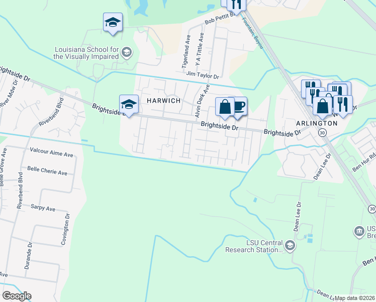 map of restaurants, bars, coffee shops, grocery stores, and more near 2181 Plantation Lane in Baton Rouge