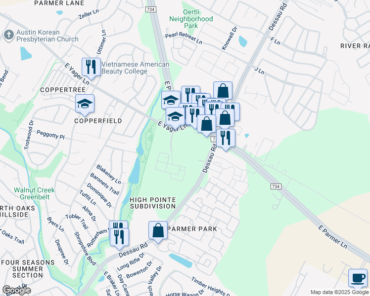 map of restaurants, bars, coffee shops, grocery stores, and more near 1612 Scottsdale Lane in Austin