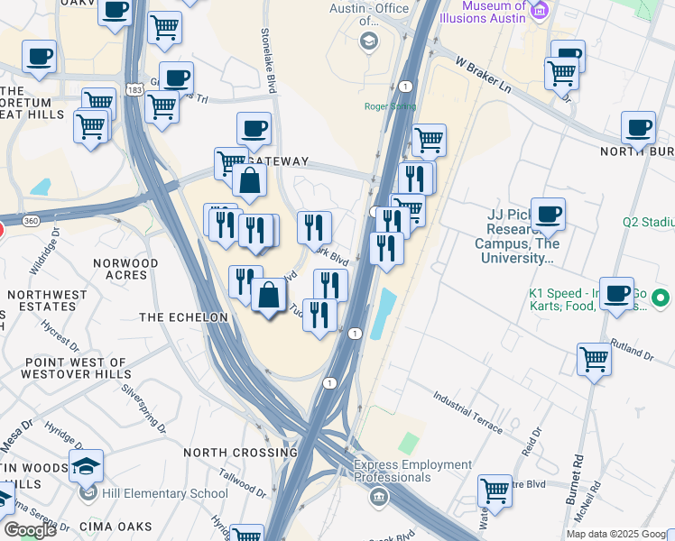 map of restaurants, bars, coffee shops, grocery stores, and more near 9606 North Mopac Expressway in Austin