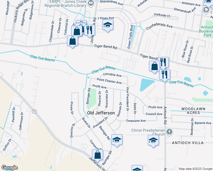 map of restaurants, bars, coffee shops, grocery stores, and more near 15049 Profit Avenue in Baton Rouge