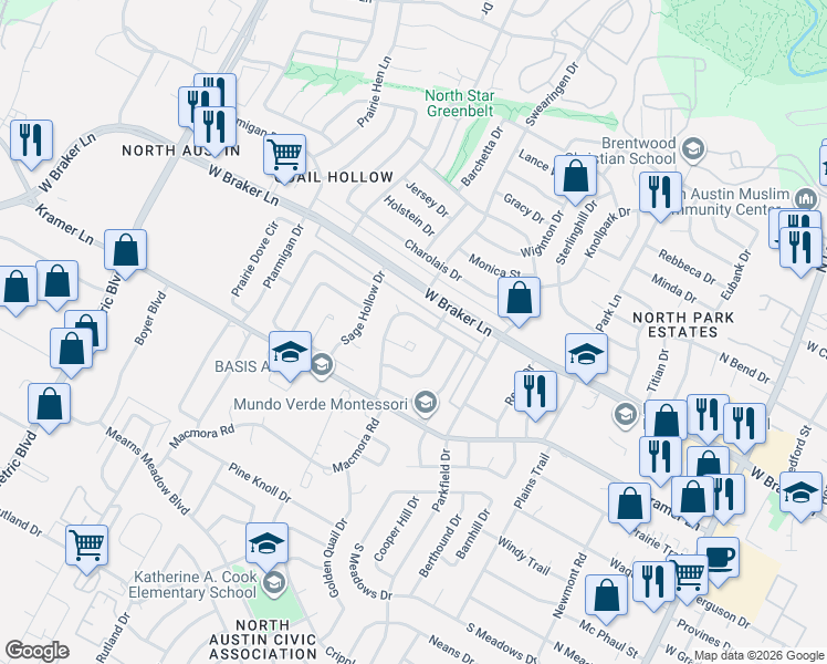 map of restaurants, bars, coffee shops, grocery stores, and more near 11201 Brunt Drive in Austin