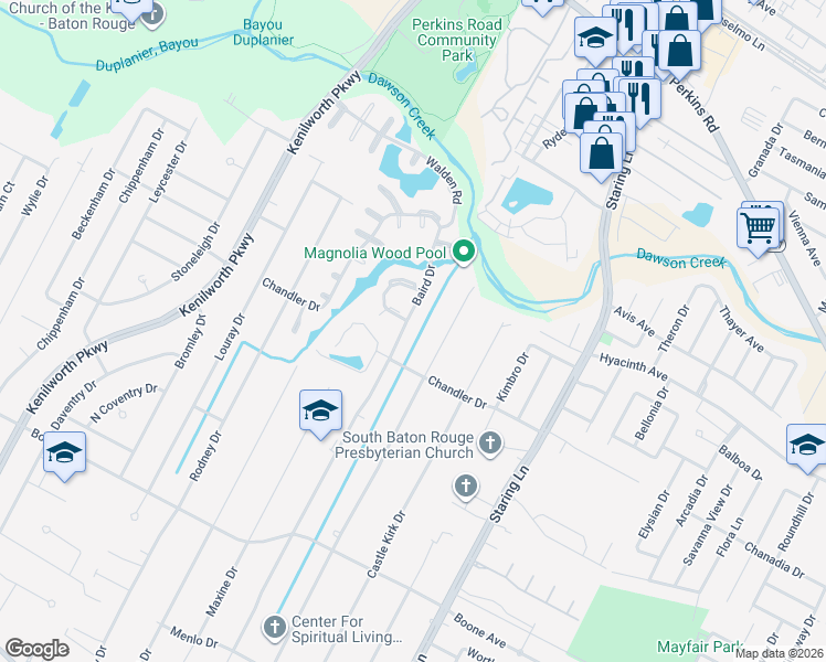 map of restaurants, bars, coffee shops, grocery stores, and more near 1144 Baird Drive in Baton Rouge